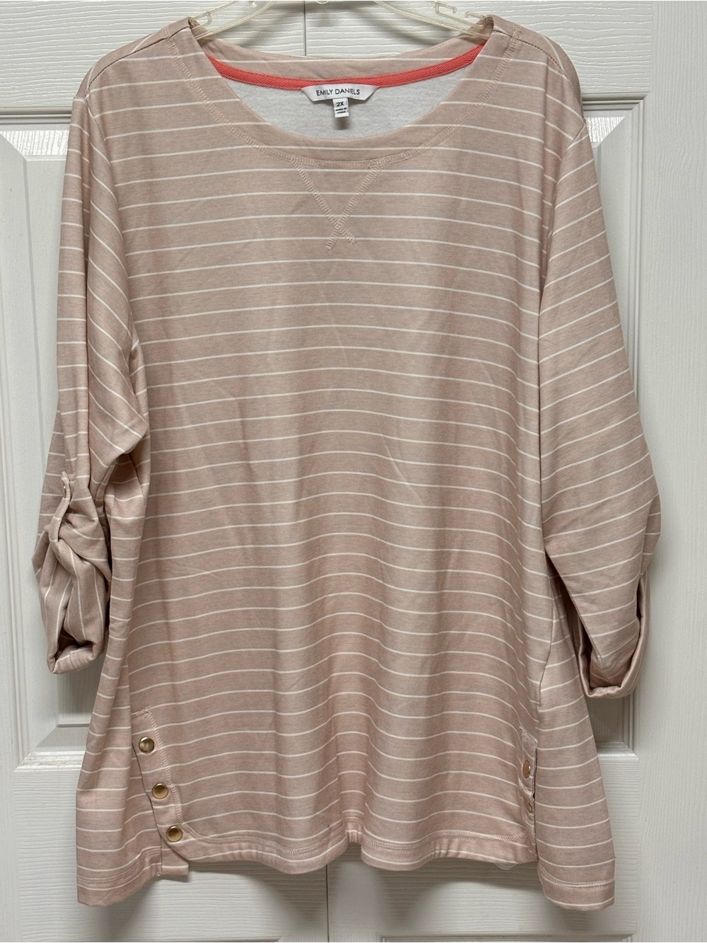 Emily Daniels Light Pink Striped Roll-Tab Sleeve Top